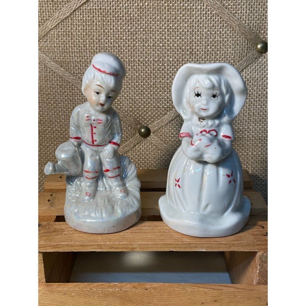 VINTAGE Lusterware Porcelain Collectible Figurines Boy With Watering Can Girl wi